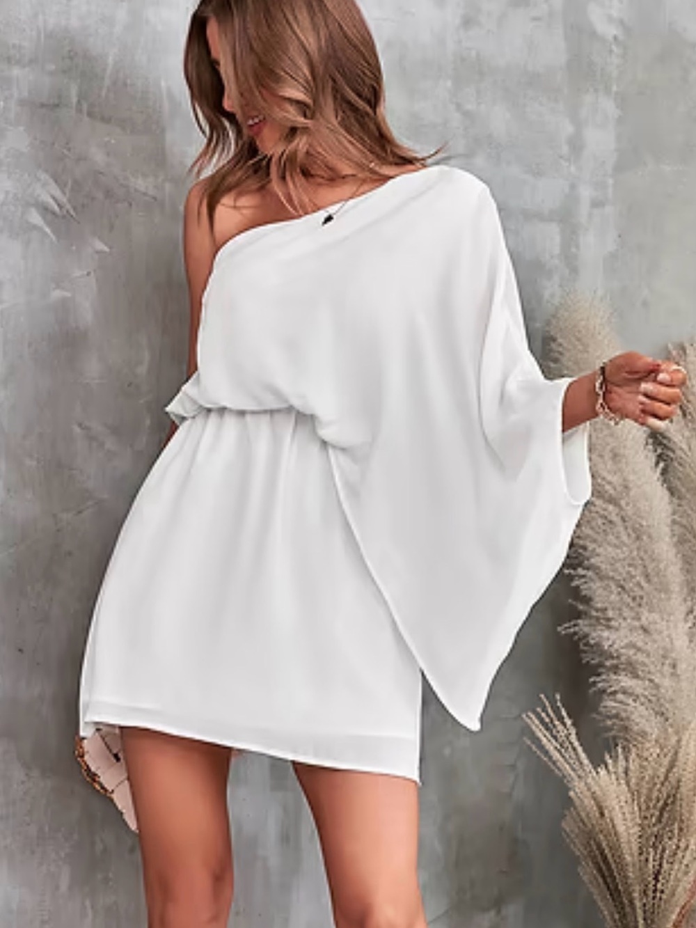 The Impeccable Pig White One-Shoulder Draped Mini Dress